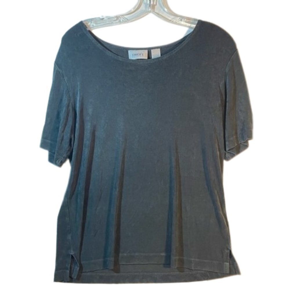 Chicos Travelers Womens Size 2 US 12 Black Short Sleeve Top Slinky Shirt